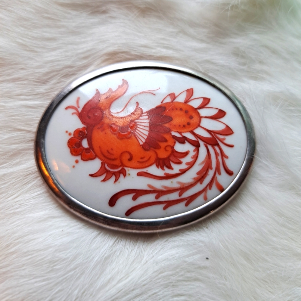 VTG Ceramic Porcelain Floral Bird of Paradise Pin in Sterling Silver